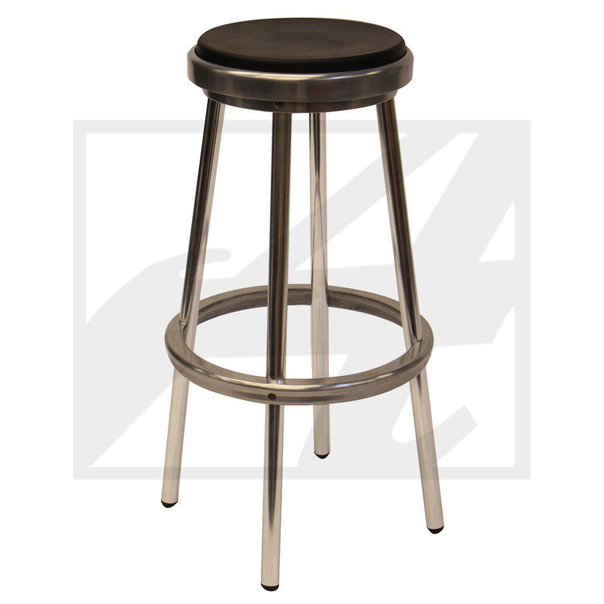 Metal bar stool with a round black seat and footrest ring.