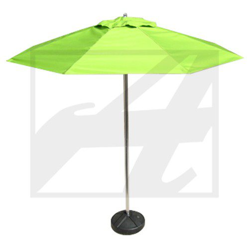 A bright green outdoor patio umbrella with a round black base.