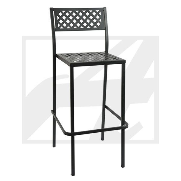 Black metal bar stool with lattice backrest and footrest.