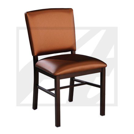 Elegant brown leather chair with dark wooden frame.
