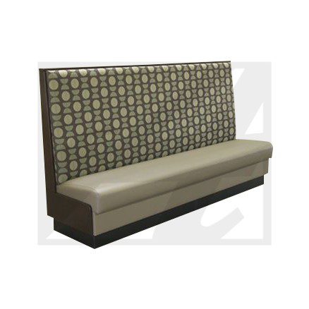 Modern restaurant booth seating with patterned backrest and cushioned seat.