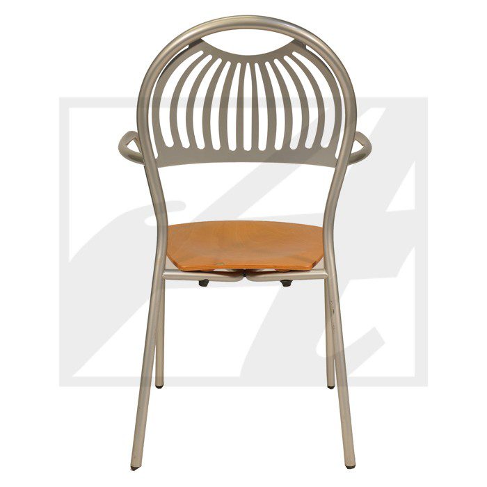 A beige chair with a curved backrest and cushioned seat.