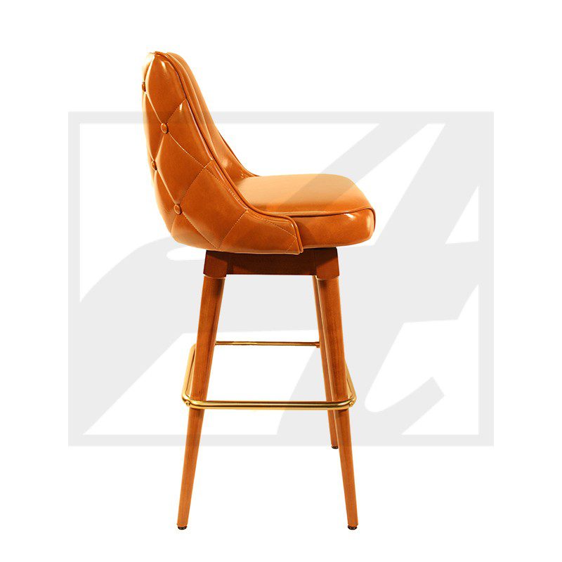 Elegant orange cushioned bar stool with wooden legs and backrest.