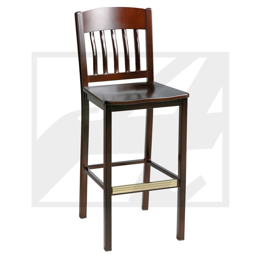 A tall wooden bar stool with a slatted backrest and cushioned seat.