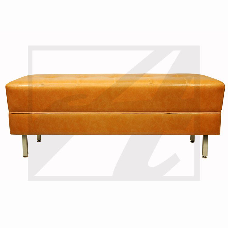Modern orange upholstered bench with gold legs.
