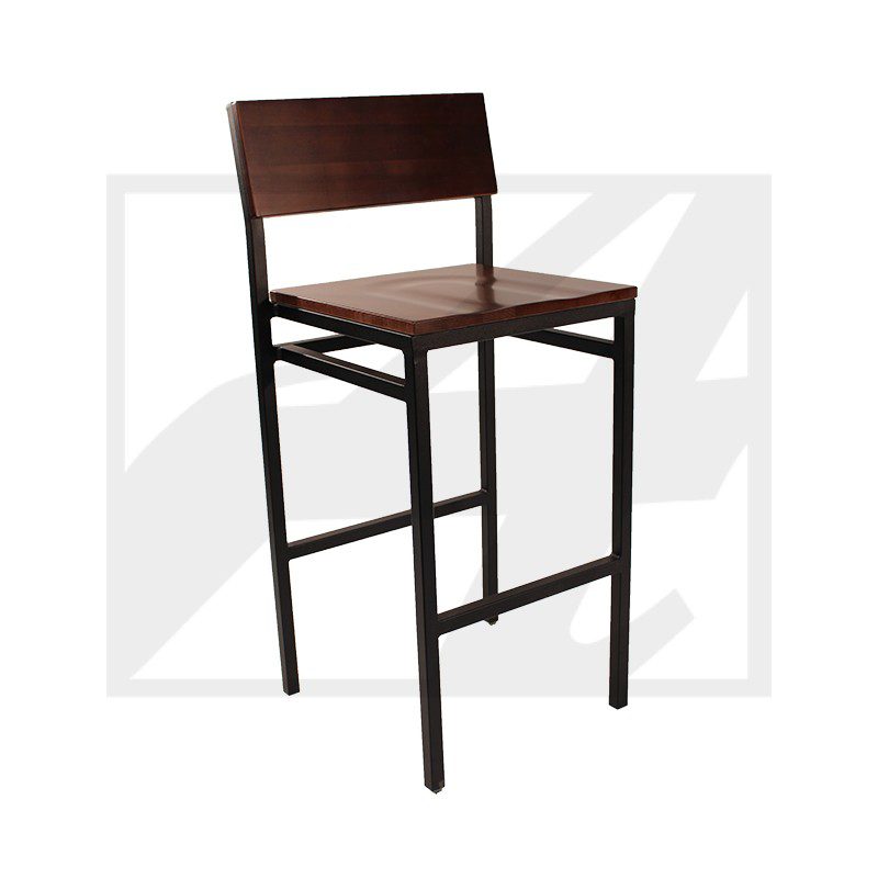 Minimalist wooden bar stool with metal legs.