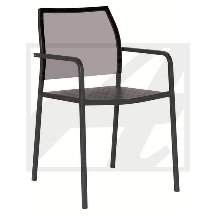 Modern outdoor chair with metal frame and mesh seat and backrest.