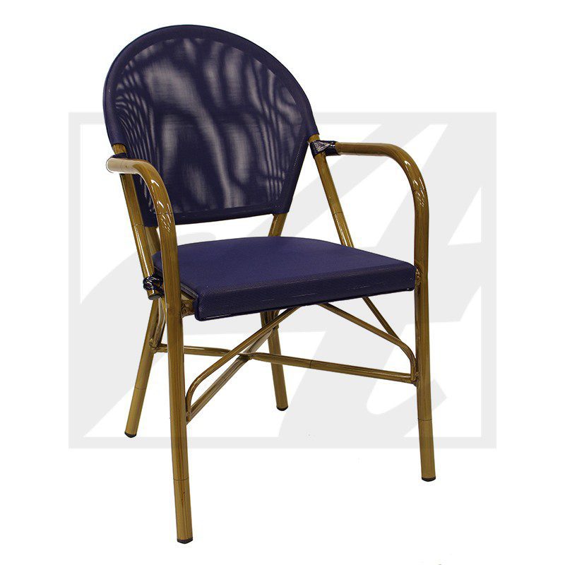 Elegant outdoor chair with blue cushion and gold frame.