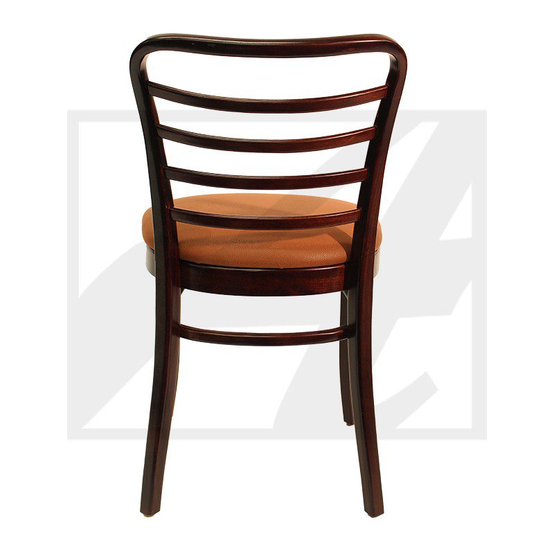 Wooden chair with curved backrest and cushioned seat.