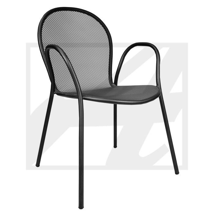 Modern black metal mesh chair with armrests and four legs.