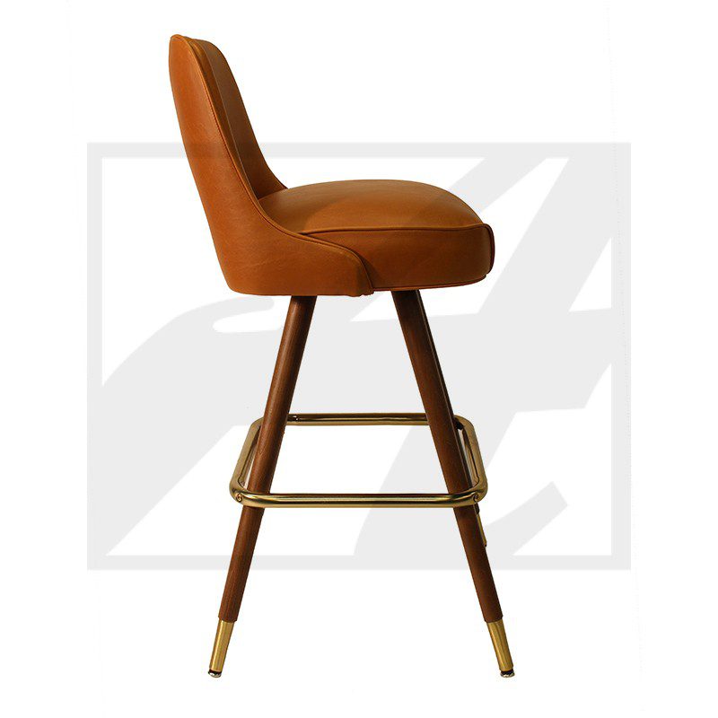 Modern bar stool with brown cushioned seat and wooden legs.