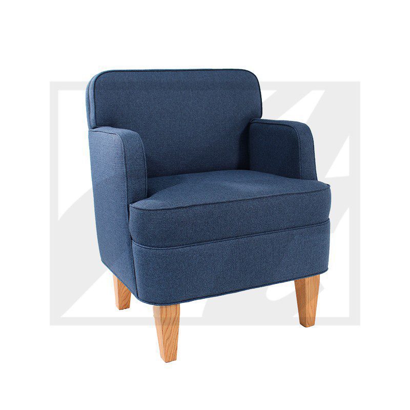 Blue upholstered armchair with wooden legs.