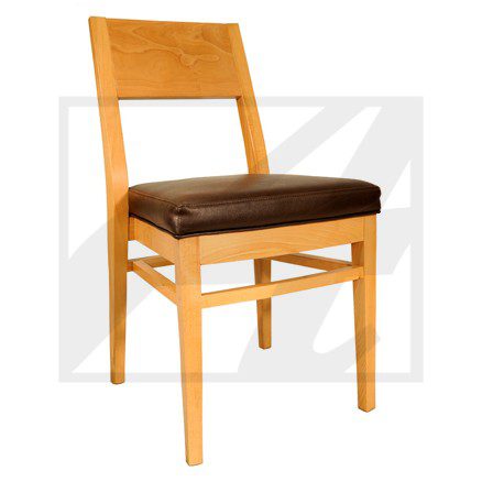 Wooden chair with a cushioned seat in brown.