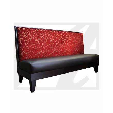 Modern bench with red patterned backrest and black seat.