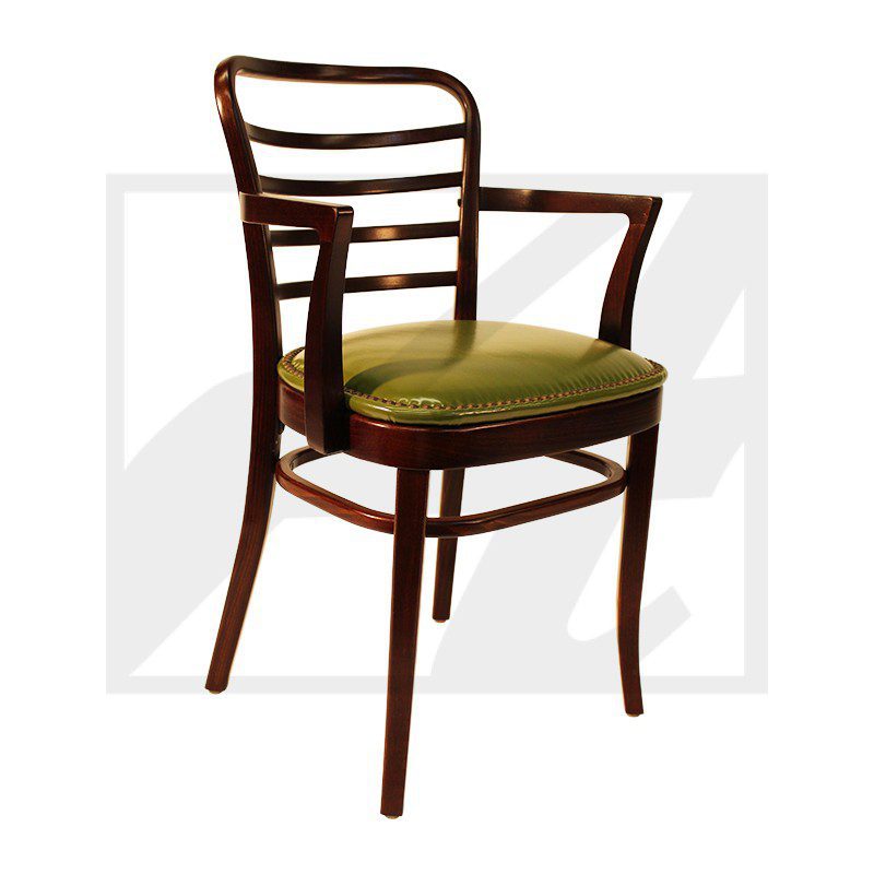 Elegant wooden chair with green cushioned seat and curved armrests.