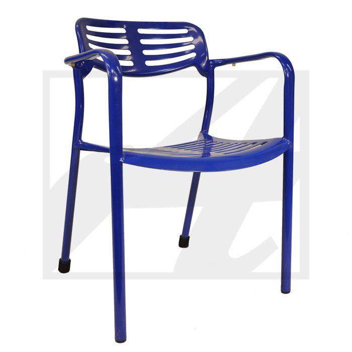 Modern blue metal chair with armrests and slatted backrest.