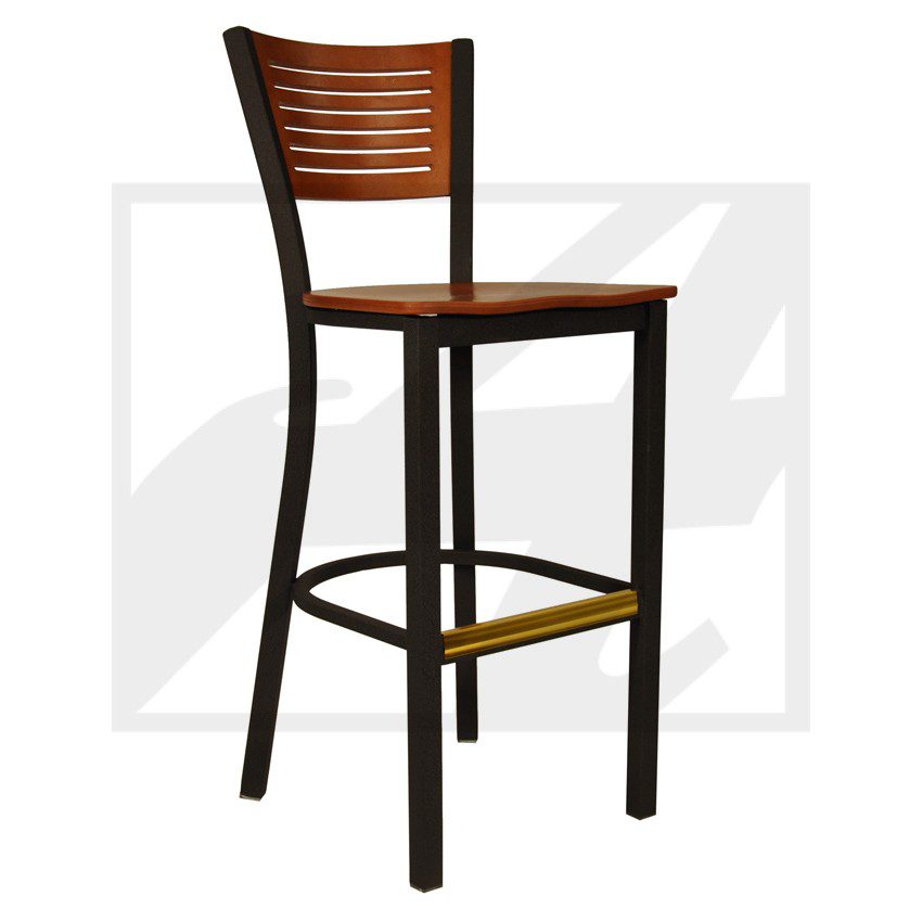 Modern wooden bar stool with black metal frame and footrest.