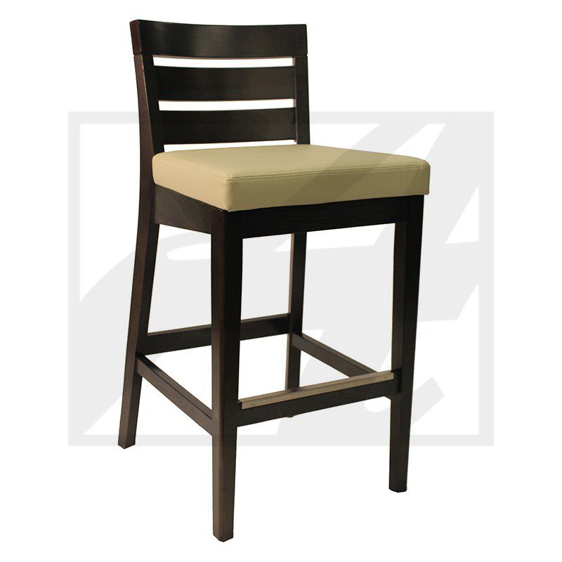 Dark wooden bar stool with a cushioned beige seat and slatted backrest.