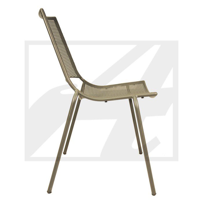 Side view of a modern, minimalist chair with a woven seat and backrest.
