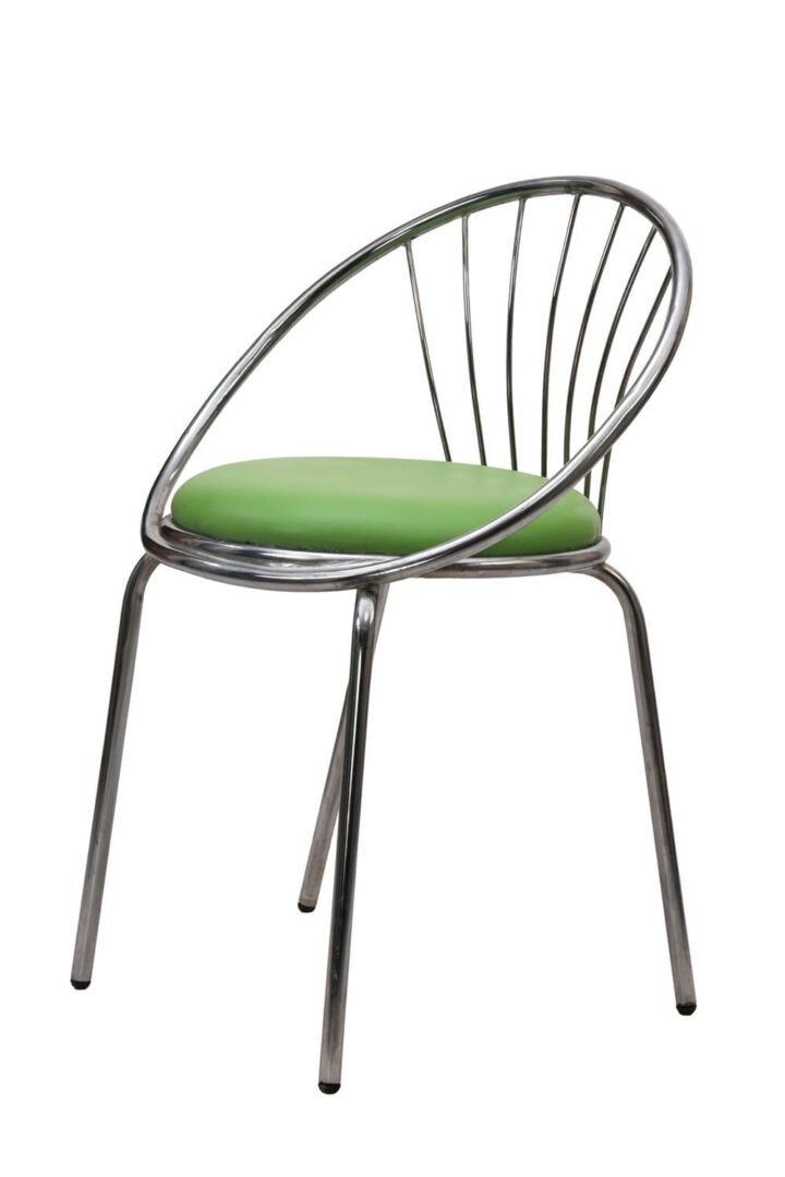 Modern metal chair with a green cushion and wire backrest.
