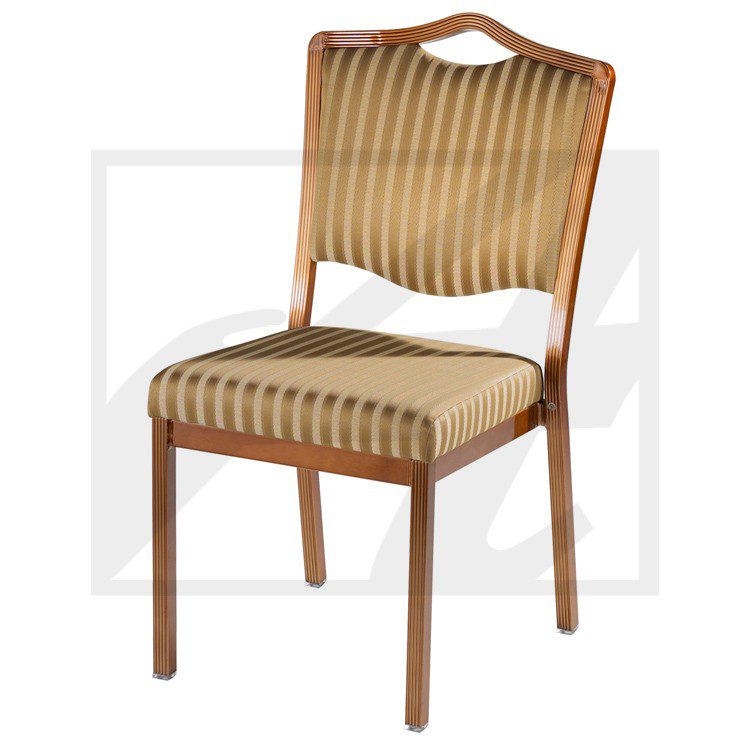 Wooden chair with striped upholstery and a curved backrest.