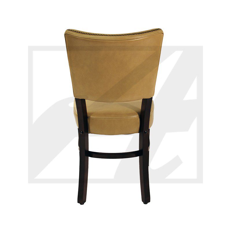 A beige upholstered chair with dark wooden legs, viewed from the back.
