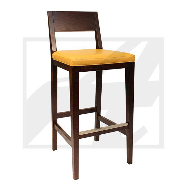 Wooden bar stool with a yellow cushioned seat and backrest.