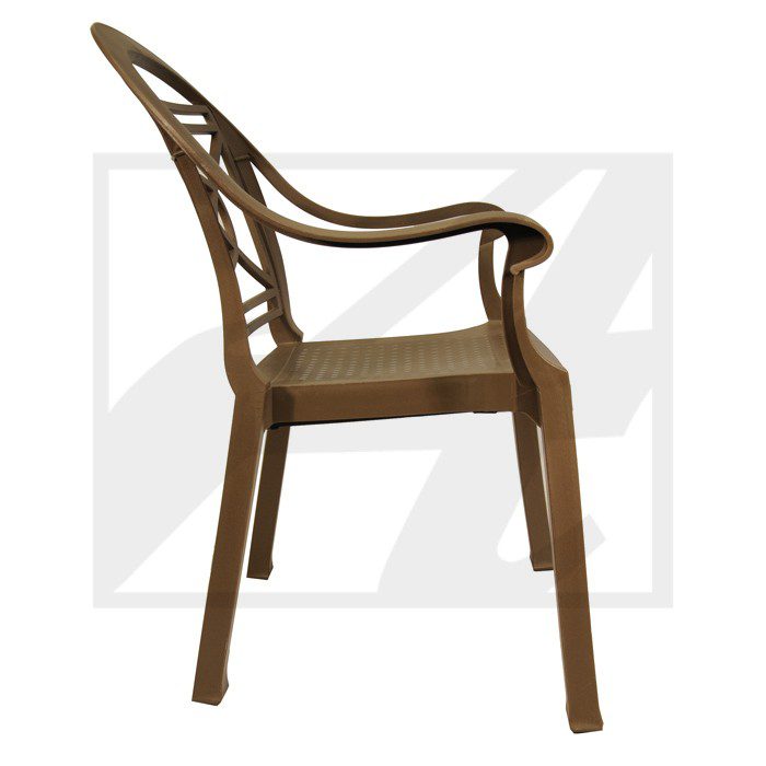 Brown plastic chair with armrests and a modern design.