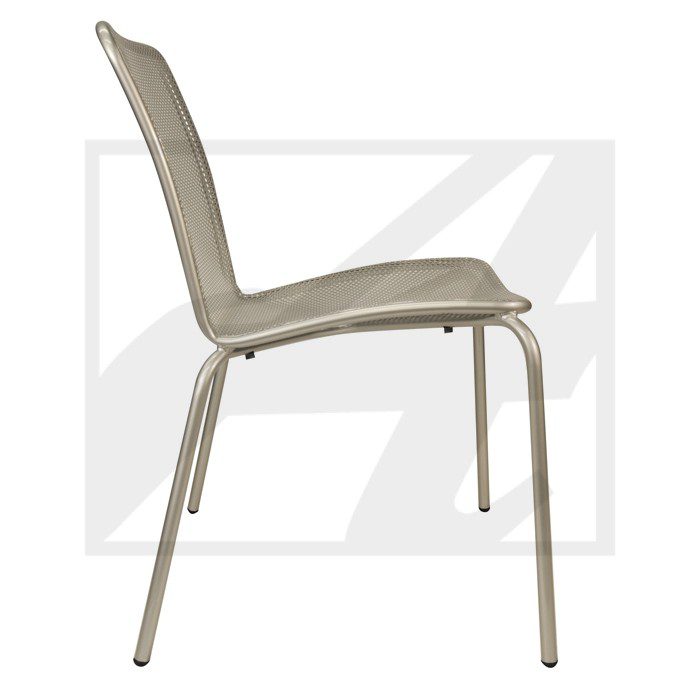 Side view of a modern beige chair with metal legs.