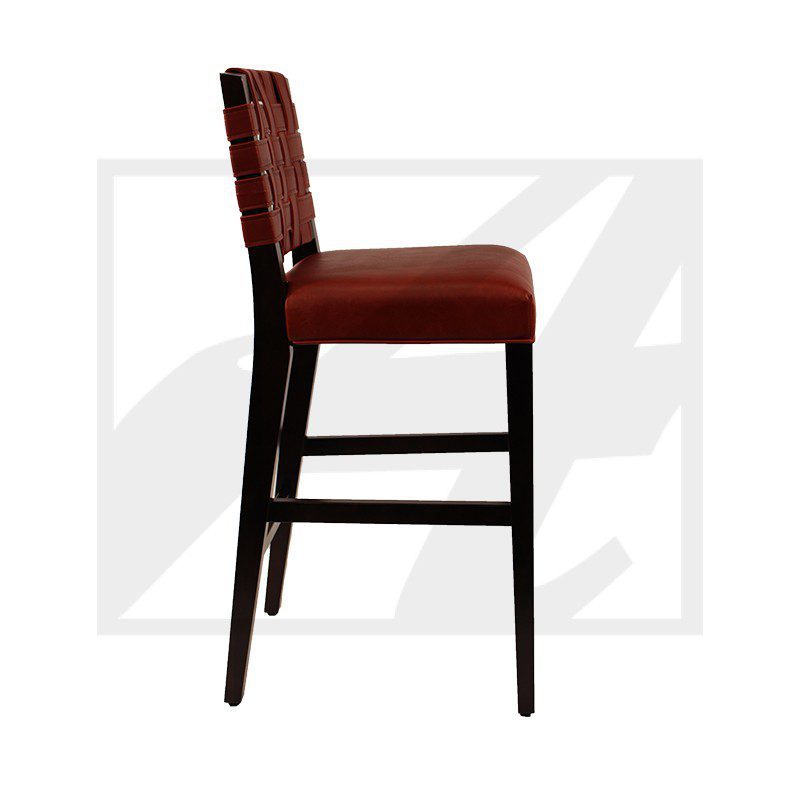 Side view of a brown wooden bar stool with a cushioned seat and backrest.