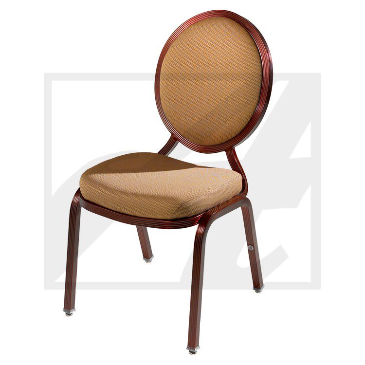 Elegant brown upholstered chair with round backrest and sturdy legs.