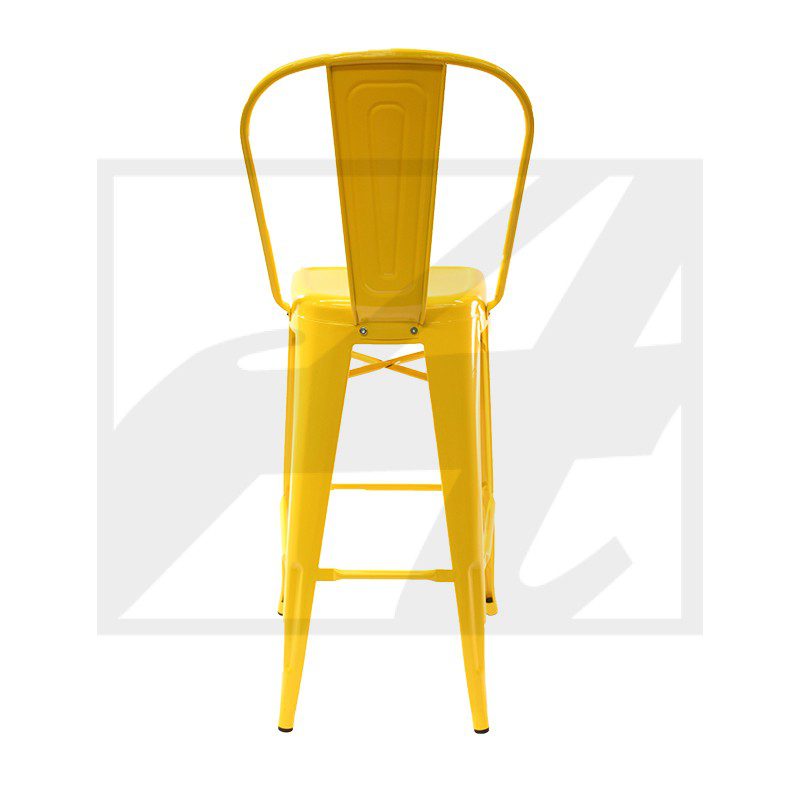 Yellow metal bar stool with backrest and footrest.