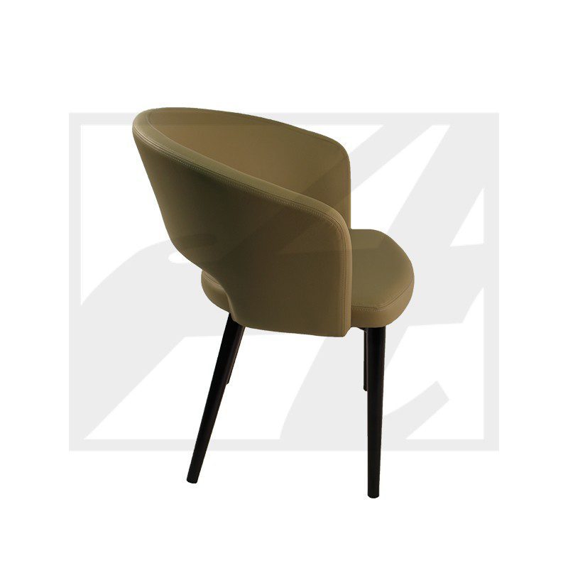 Modern olive-green upholstered chair with black tapered legs.