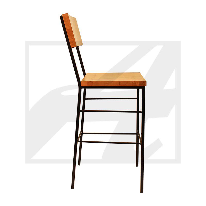 Modern bar stool with wooden seat and backrest on black metal frame.