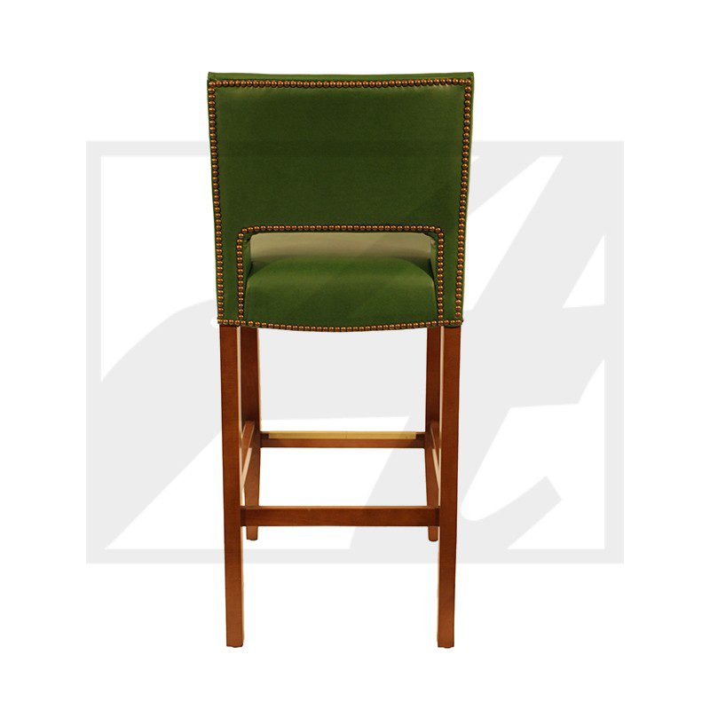 Tall wooden bar stool with green cushioned seat and backrest.