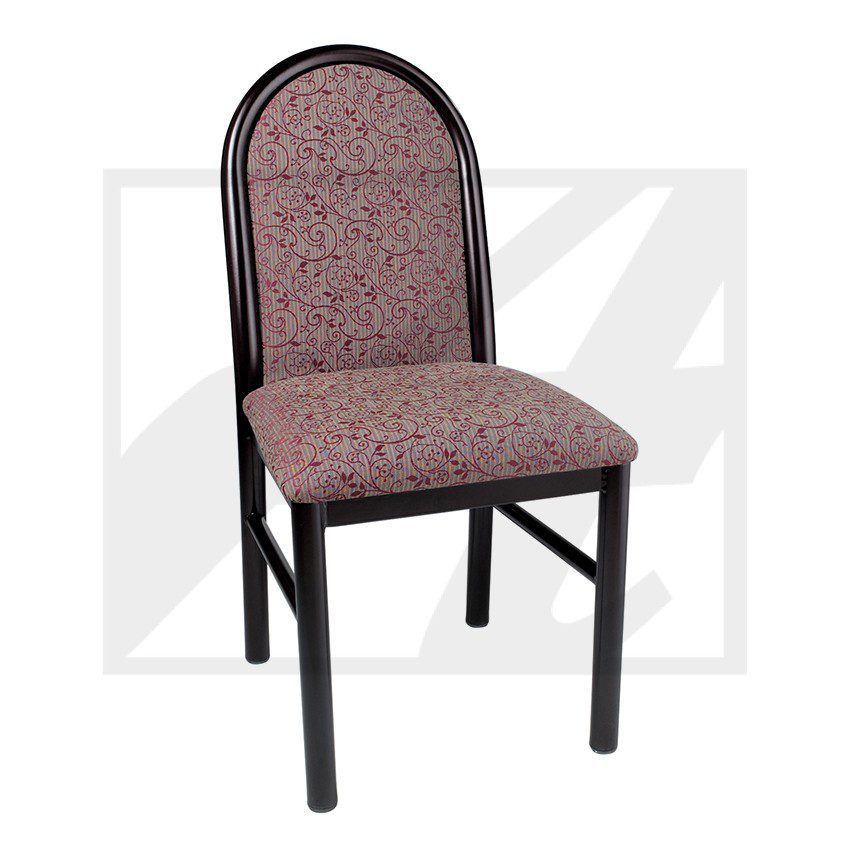 Upholstered chair with a metal frame and patterned fabric.