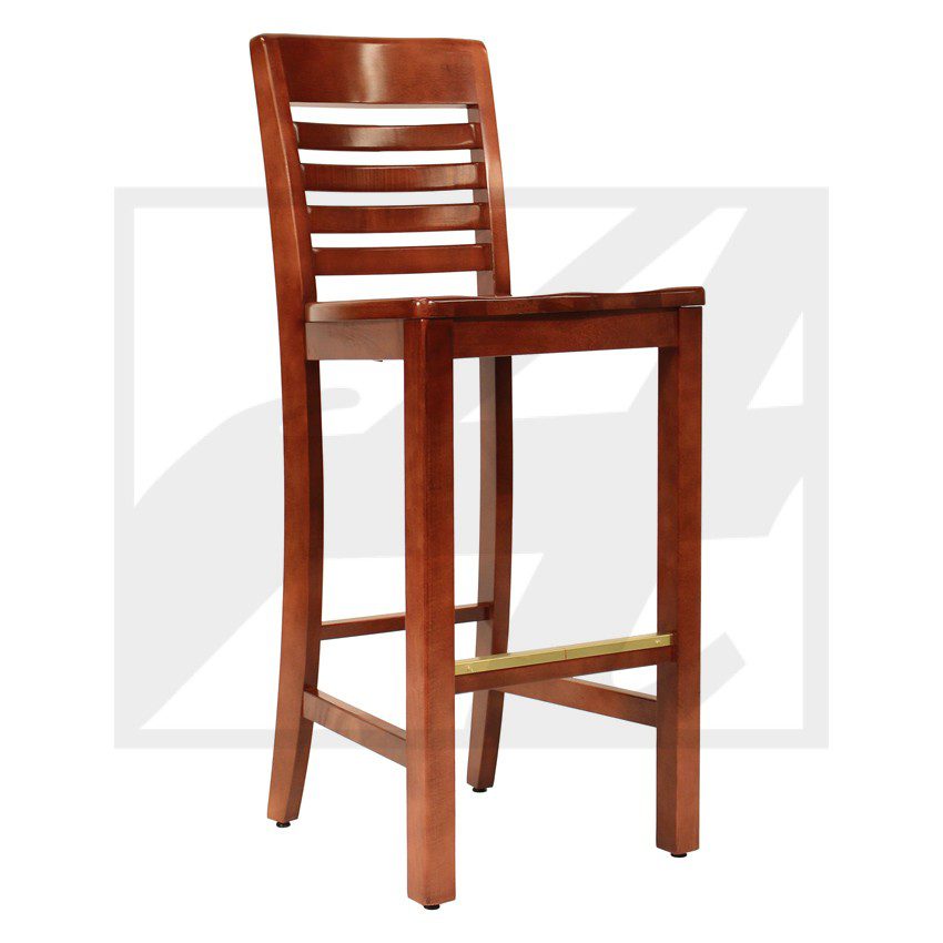 Wooden bar stool with a slatted backrest and footrest.