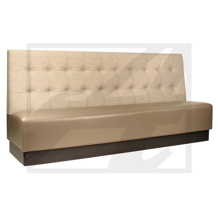 Beige tufted bench seat with dark wood base.