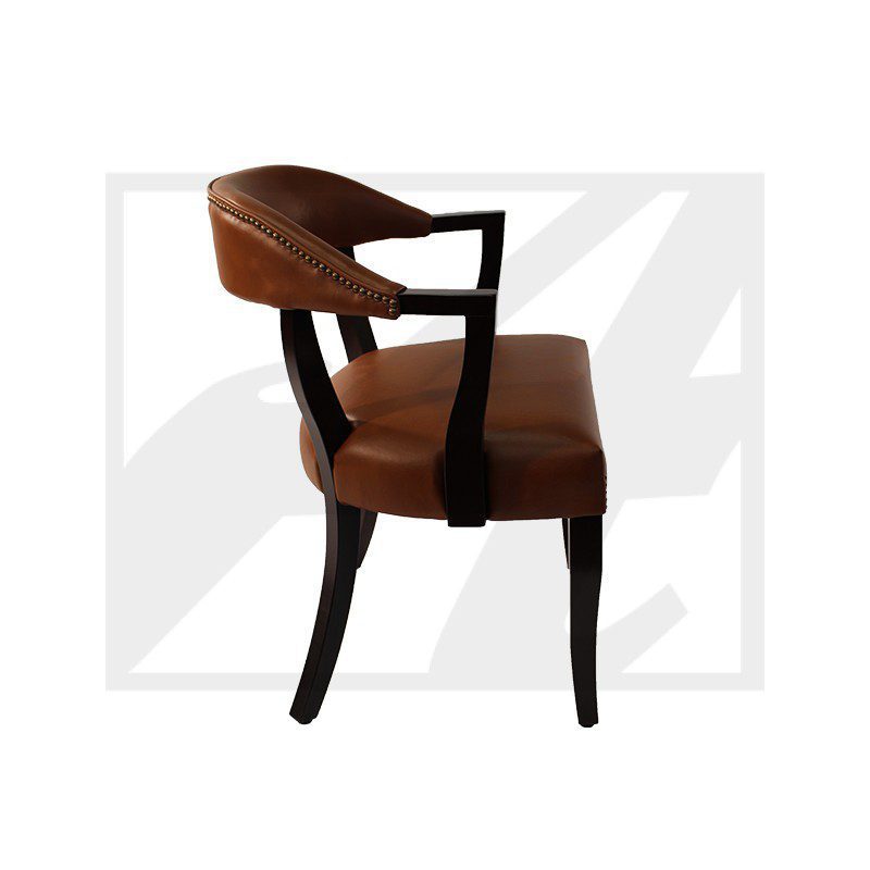 Brown wooden chair with a curved backrest and armrests.