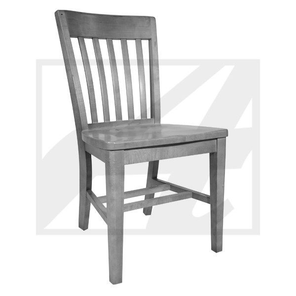 A simple wooden chair with vertical slats on the backrest.