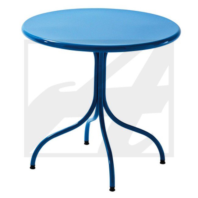Blue round metal table with three legs.