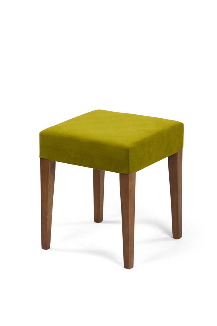 Green cushioned stool with wooden legs.