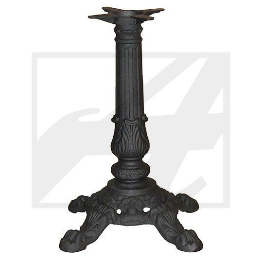 Black ornate cast iron table base with claw feet and fluted column.