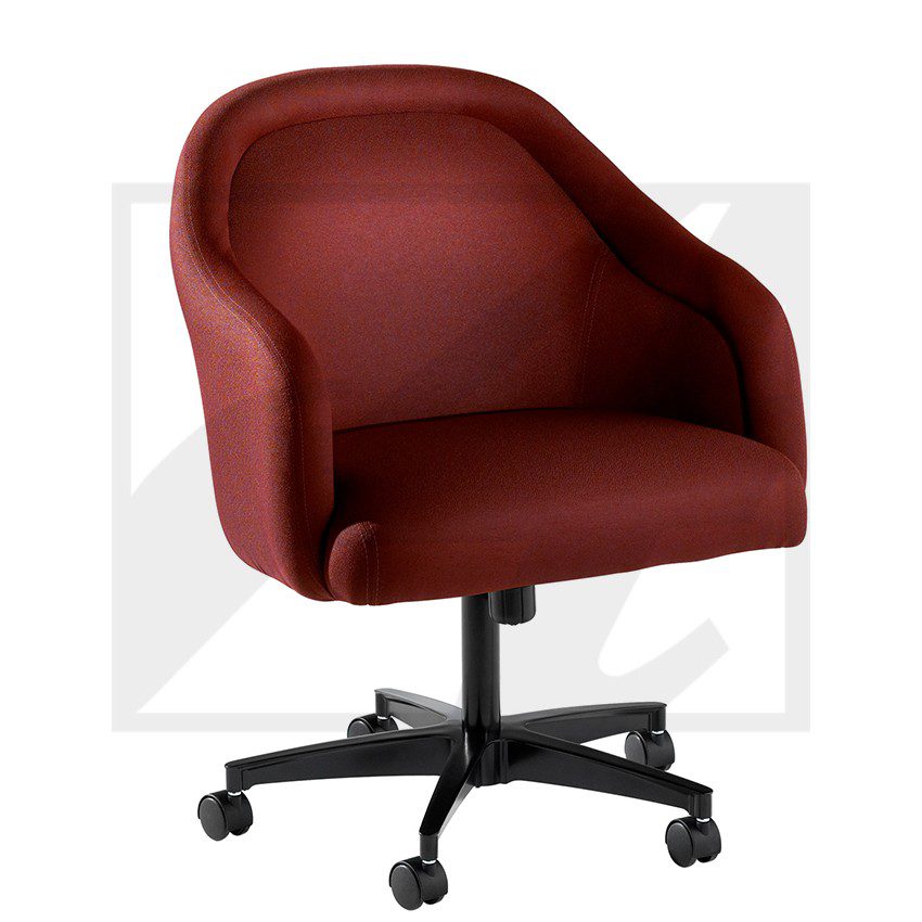 Modern maroon office chair with wheels and cushioned seat.