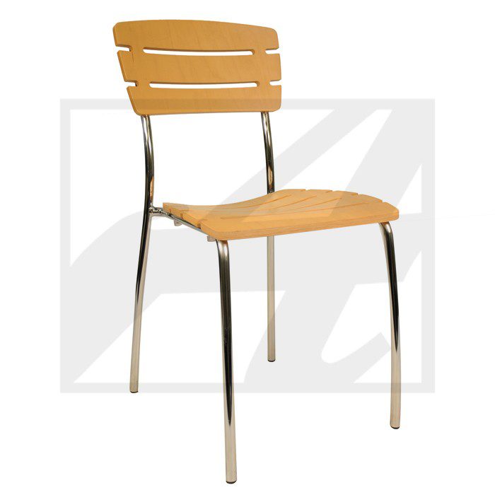 Modern chair with wooden seat and metal legs.