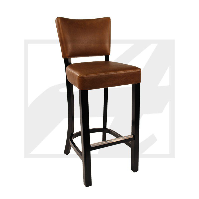 Brown leather bar stool with black wooden legs and footrest.