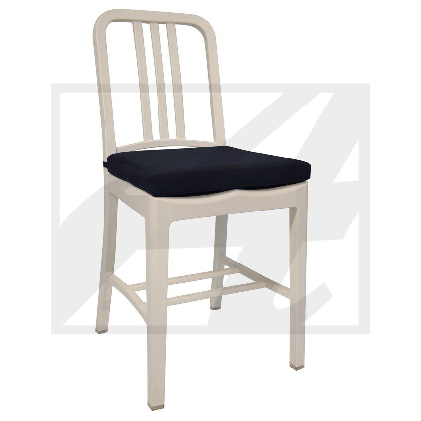 White metal chair with a black cushioned seat.