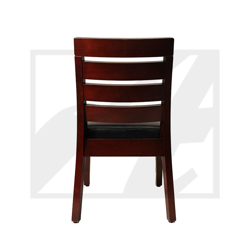Dark wooden chair with horizontal back slats and black seat cushion.