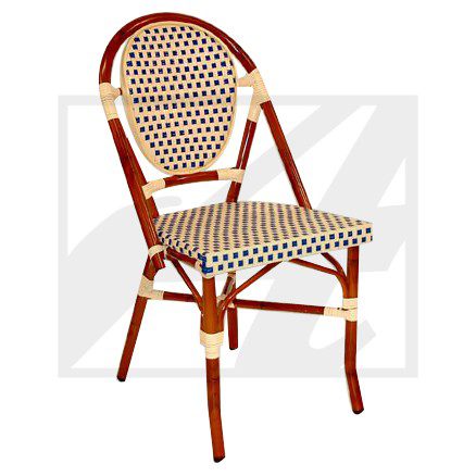 Stylish woven bistro chair with wooden frame and patterned seat.