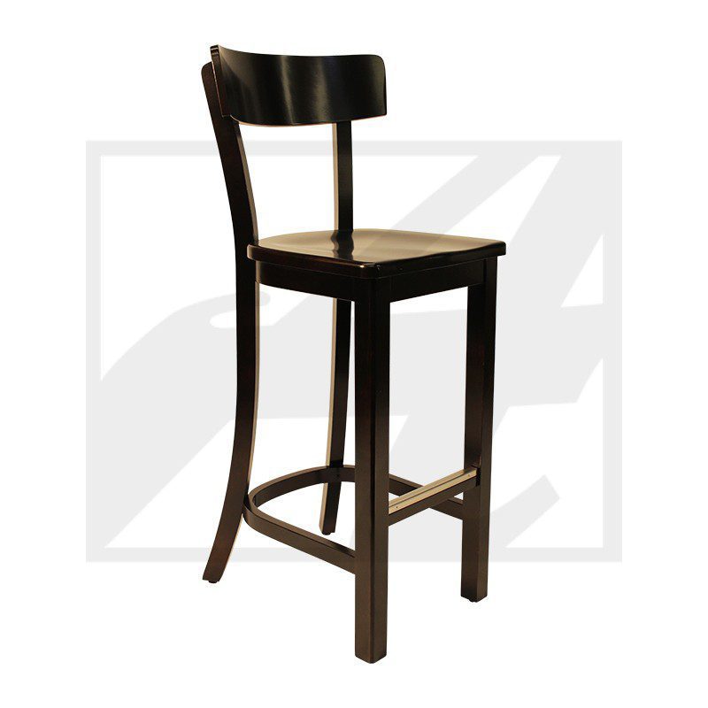 A tall wooden bar stool with a dark finish and curved backrest.